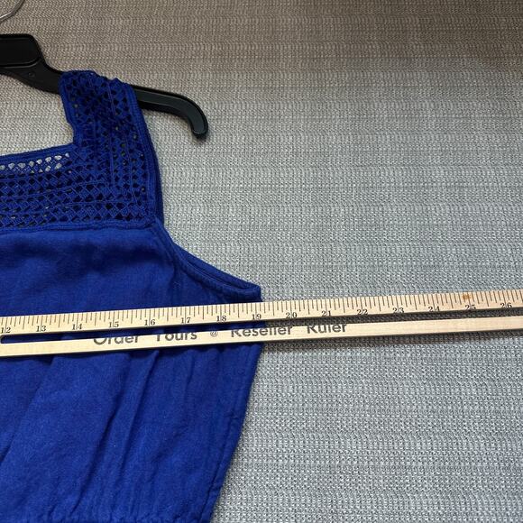 American Blue Summer Dress Blue Large Square Neck Linen Boho Crochet Trim - Picture 9 of 10